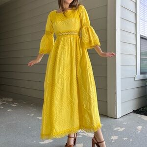 Vintage 60s 70s Yellow Bell Sleeve Pintuck Mexican Wedding Dress